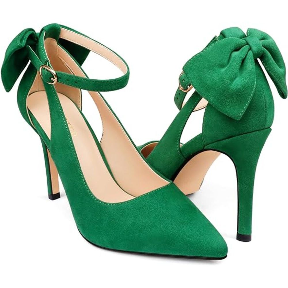 Womens Bow Knot Green High Heels Pointed Toe Stiletto Ankle Strap D'Orsay Pumps